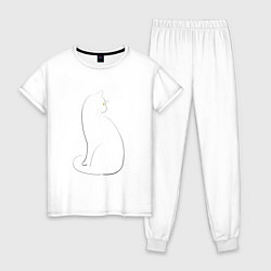 Пижама хлопковая женская Кошка лайн арт, цвет: белый
