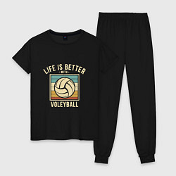 Пижама хлопковая женская Волейбол - Жизнь, цвет: черный