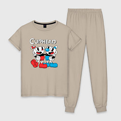 Пижама хлопковая женская Cuphead Чашечки, цвет: миндальный