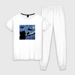 Пижама хлопковая женская Звездная Ночь Ван Гога с Котиками, цвет: белый