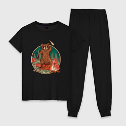 Пижама хлопковая женская Винтажный енот на отдыхе Camping Raccoon, цвет: черный