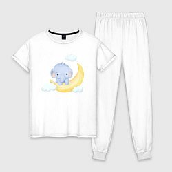 Пижама хлопковая женская Милый Слонёнок На Месяце С Облаками, цвет: белый
