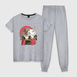 Пижама хлопковая женская Котик Самурай Samurai Cat Japanese art, цвет: меланж