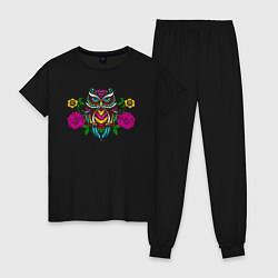 Пижама хлопковая женская Красочная цветочная сова, цвет: черный