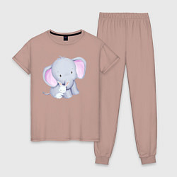 Пижама хлопковая женская Милый Крольчонок Обнимает Слонёнка, цвет: пыльно-розовый