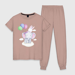 Пижама хлопковая женская Милый Слонёнок и Крольчонок На Облаке, цвет: пыльно-розовый