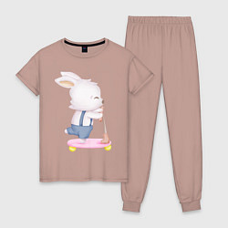 Пижама хлопковая женская Милый Крольчонок Едет На Самокате, цвет: пыльно-розовый