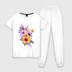 Пижама хлопковая женская Цветы Разноцветные Гибискусы, цвет: белый