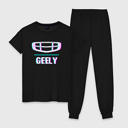 Пижама хлопковая женская Значок Geely в стиле Glitch, цвет: черный