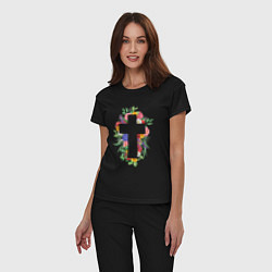 Пижама хлопковая женская Крест с цветами Cross with flowers, цвет: черный — фото 2
