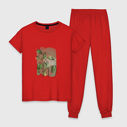 Пижама хлопковая женская Нежные листья на акварельном фоне, цвет: красный