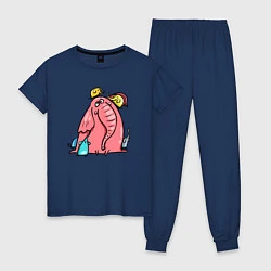 Пижама хлопковая женская Розовая слоника со слонятами, цвет: тёмно-синий