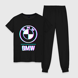 Пижама хлопковая женская Значок BMW в стиле glitch, цвет: черный