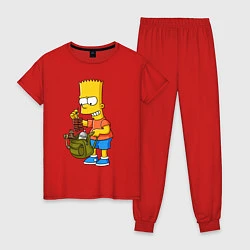 Пижама хлопковая женская Барт Симпсон разбирает свой рюкзак, цвет: красный