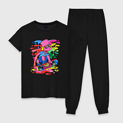 Пижама хлопковая женская Барт Симпсон - крутой скейтер - разноцветные клякс, цвет: черный