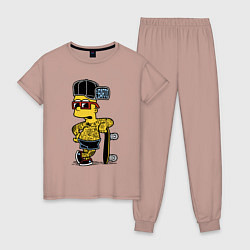 Пижама хлопковая женская Скейтер Барт Симпсон весь в татухах, цвет: пыльно-розовый