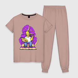 Пижама хлопковая женская Гомер Симпсон - страстный любитель пончиков, цвет: пыльно-розовый