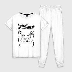 Пижама хлопковая женская Judas Priest - rock cat, цвет: белый