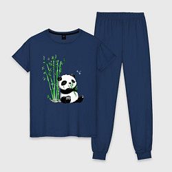 Пижама хлопковая женская Панда бамбук и стрекоза, цвет: тёмно-синий