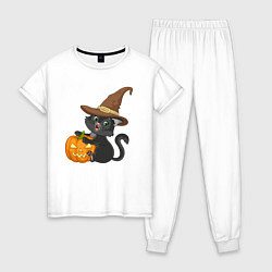 Пижама хлопковая женская Чёрный котик в шляпе и с тыквой, цвет: белый