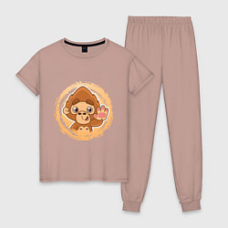 Пижама хлопковая женская Забавная обезьянка машет рукой, цвет: пыльно-розовый