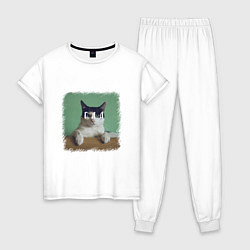 Пижама хлопковая женская Мем - голодный кот, цвет: белый