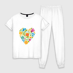 Пижама хлопковая женская Цветочный орнамент в форме сердца Любовь, цвет: белый