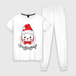Пижама хлопковая женская Merry Christmas, cute rabbit in Santa hat, цвет: белый