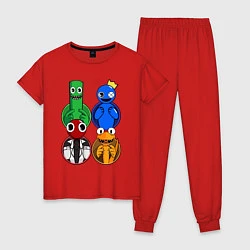 Пижама хлопковая женская Радужные друзья: Зеленый, Синий, Оранжевый и Красн, цвет: красный