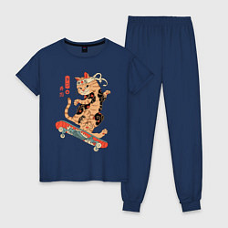 Пижама хлопковая женская Кот самурай скейтбордист, цвет: тёмно-синий