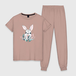 Пижама хлопковая женская Кролик в цветах, цвет: пыльно-розовый