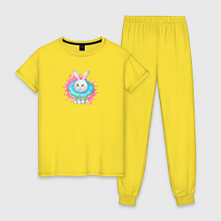 Пижама хлопковая женская Серый кролик с голубым пончиком, цвет: желтый