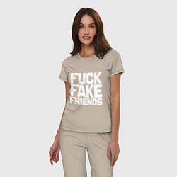 Пижама хлопковая женская Fuck fake friends, цвет: миндальный — фото 2