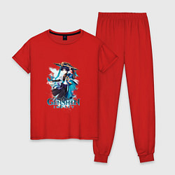 Пижама хлопковая женская Скарамучча Странник анемо, цвет: красный
