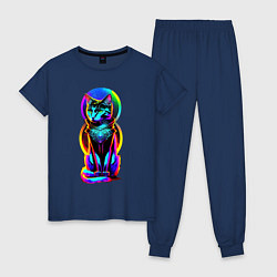 Пижама хлопковая женская Кот в стиле киберпанк, цвет: тёмно-синий