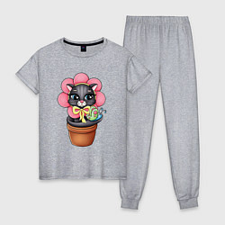 Пижама хлопковая женская Кошка цветок, цвет: меланж