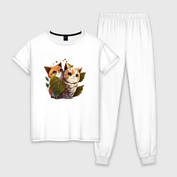 Пижама хлопковая женская Котята в лесу из аниме, цвет: белый