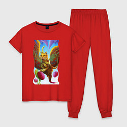 Пижама хлопковая женская Взгляд летучего кота - neural network - surrealism, цвет: красный