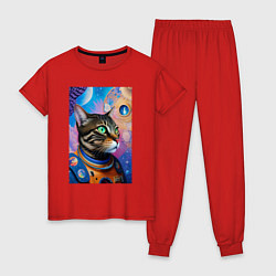 Пижама хлопковая женская Кот в космосе - нейросеть, цвет: красный