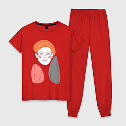 Пижама хлопковая женская Лайн арт портрет девушки в стиле минимализм, цвет: красный