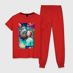 Пижама хлопковая женская Девочка и Тоторо - фантазия - нейросеть, цвет: красный