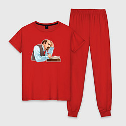 Пижама хлопковая женская Ленин что-то пишет, цвет: красный