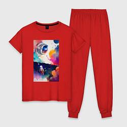 Пижама хлопковая женская Абстрактный космонавт и разноцветные брызги краски, цвет: красный