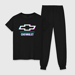 Пижама хлопковая женская Значок Chevrolet в стиле glitch, цвет: черный