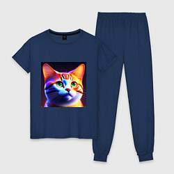 Пижама хлопковая женская Милый котик с большими глазами, цвет: тёмно-синий