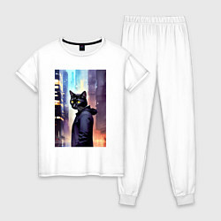 Пижама хлопковая женская Чёрный котяра житель Нью-Йорка, цвет: белый