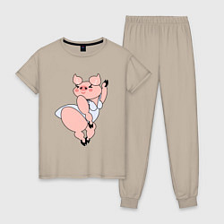 Пижама хлопковая женская Танцующая свинка, цвет: миндальный