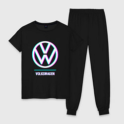 Пижама хлопковая женская Значок Volkswagen в стиле glitch, цвет: черный