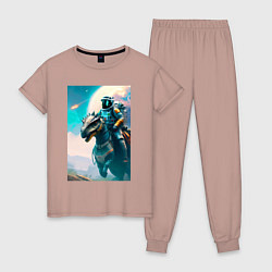 Пижама хлопковая женская Космонавт верхом на динозавре, цвет: пыльно-розовый
