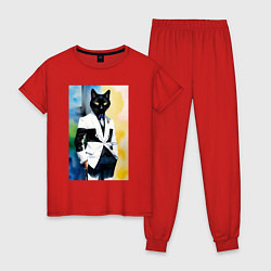 Пижама хлопковая женская Модный чёрный кот-джентльмен - мем, цвет: красный